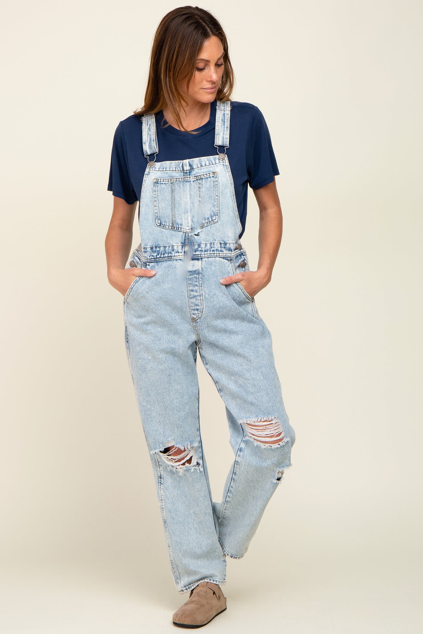 Light Wash Distressed Denim Maternity Overalls – PinkBlush