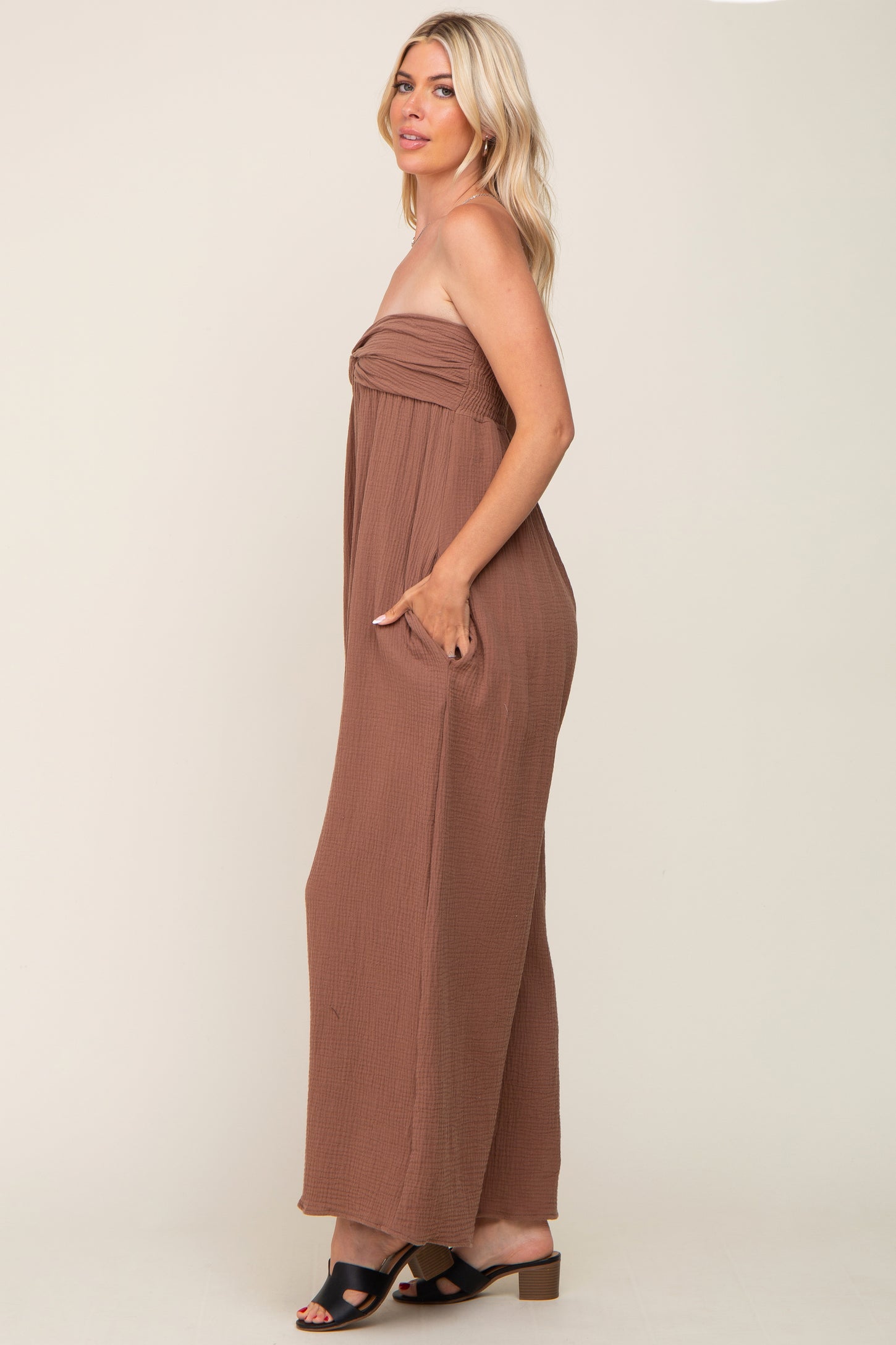 Mocha Strapless Front Twist Jumpsuit
