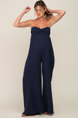 Navy Strapless Front Twist Maternity Jumpsuit