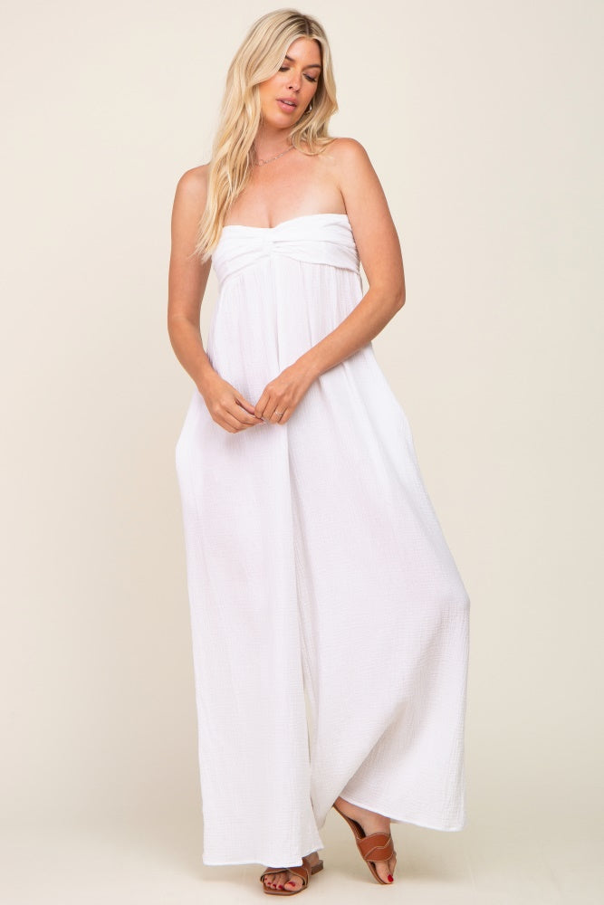 White Strapless Front Twist Jumpsuit