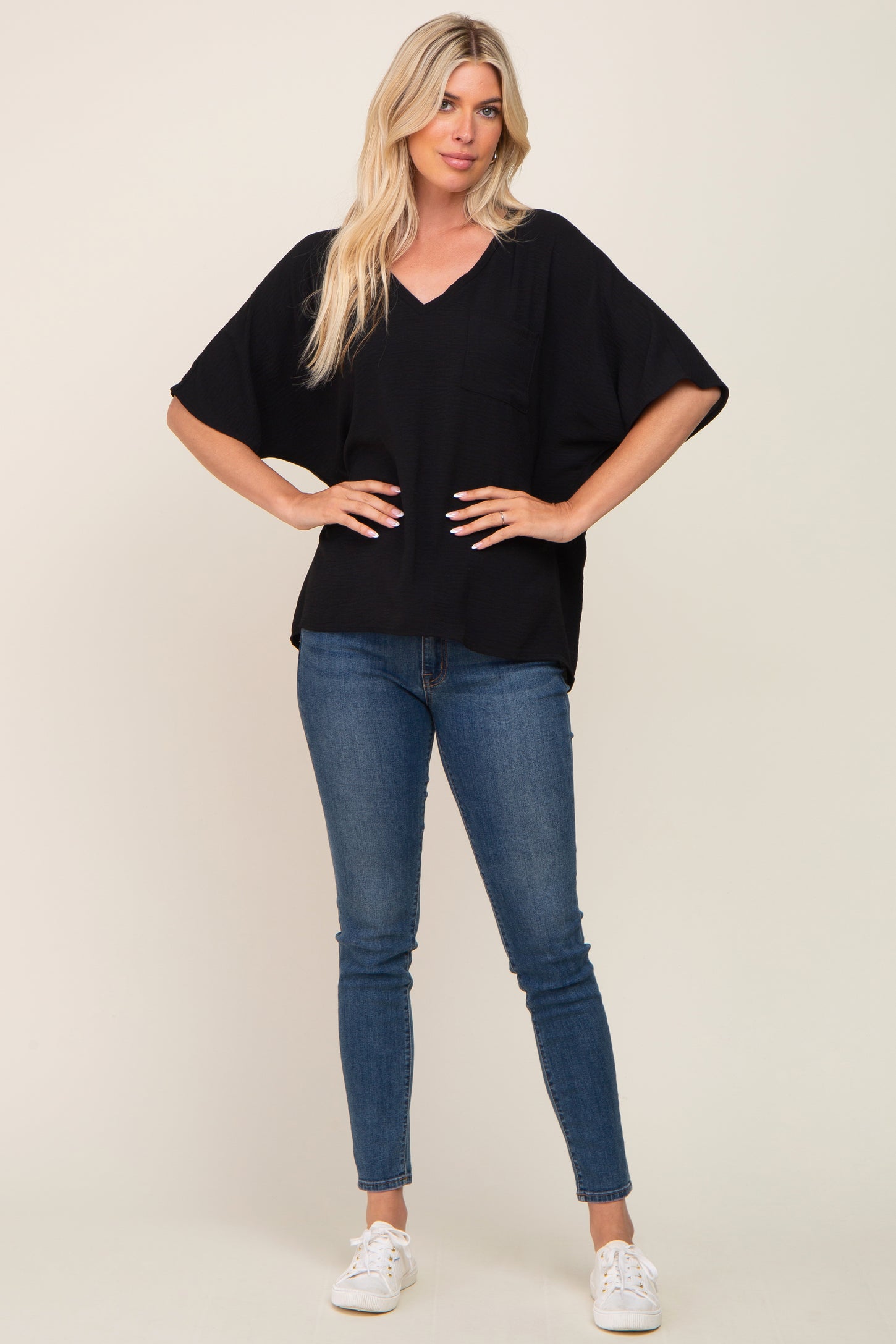 Black Oversized V-Neck Pocket Front Blouse