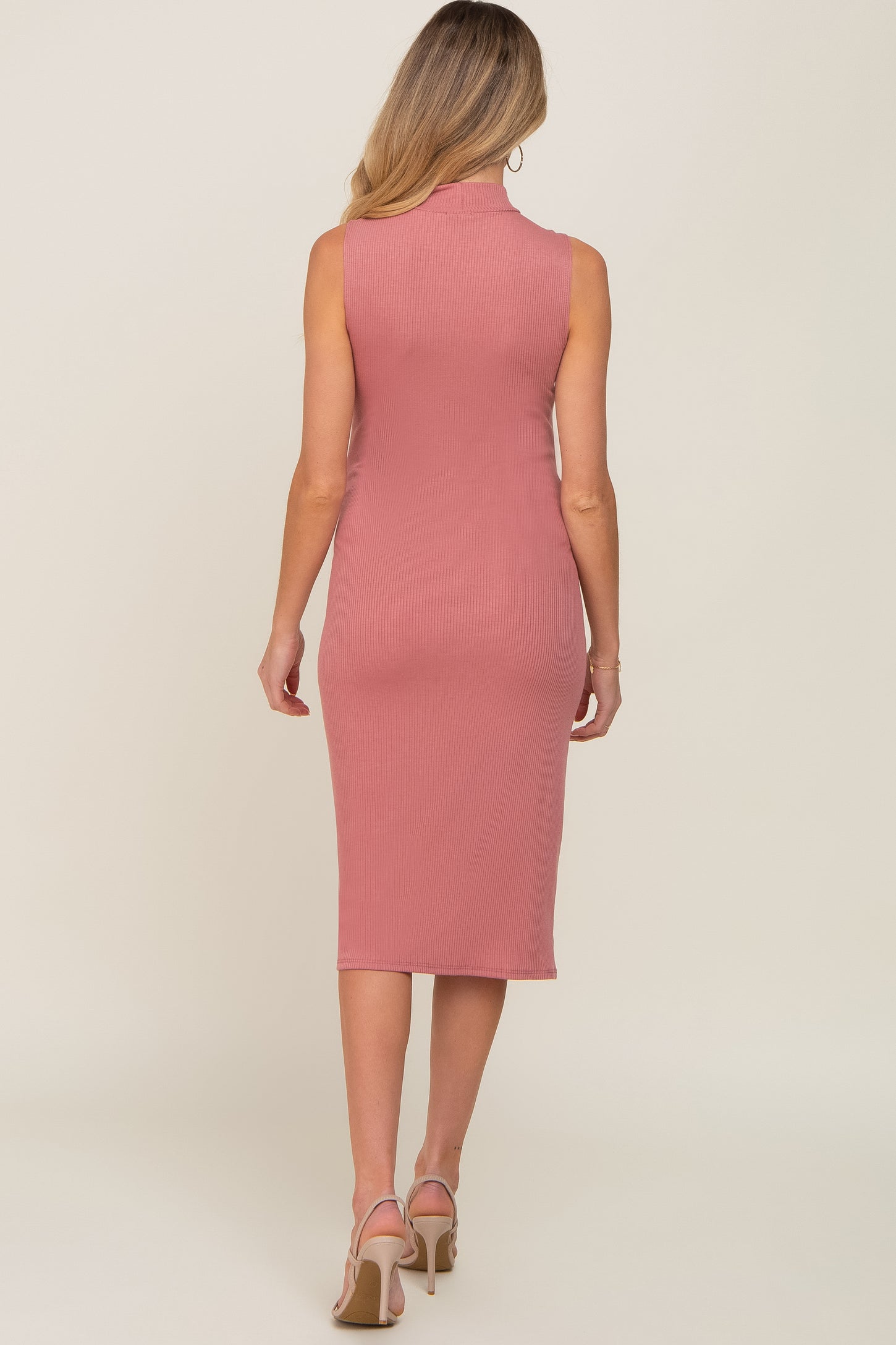 Mauve Ribbed Sleeveless Mock Neck Maternity Midi Dress