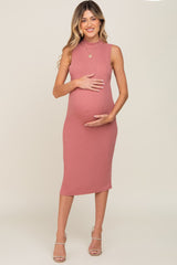 Mauve Ribbed Sleeveless Mock Neck Maternity Midi Dress
