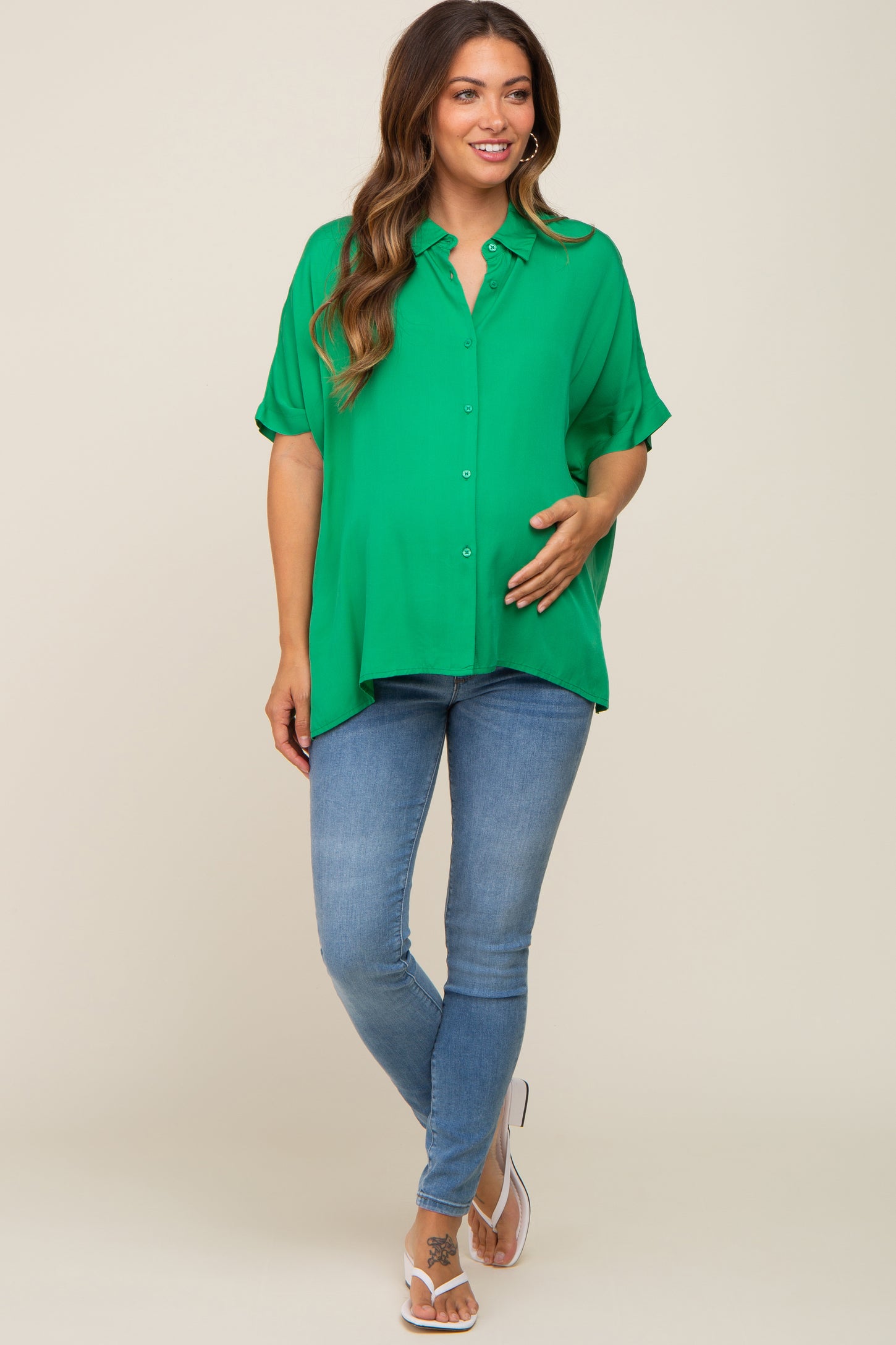 Green Button Up Dolman Short Sleeve Maternity Top