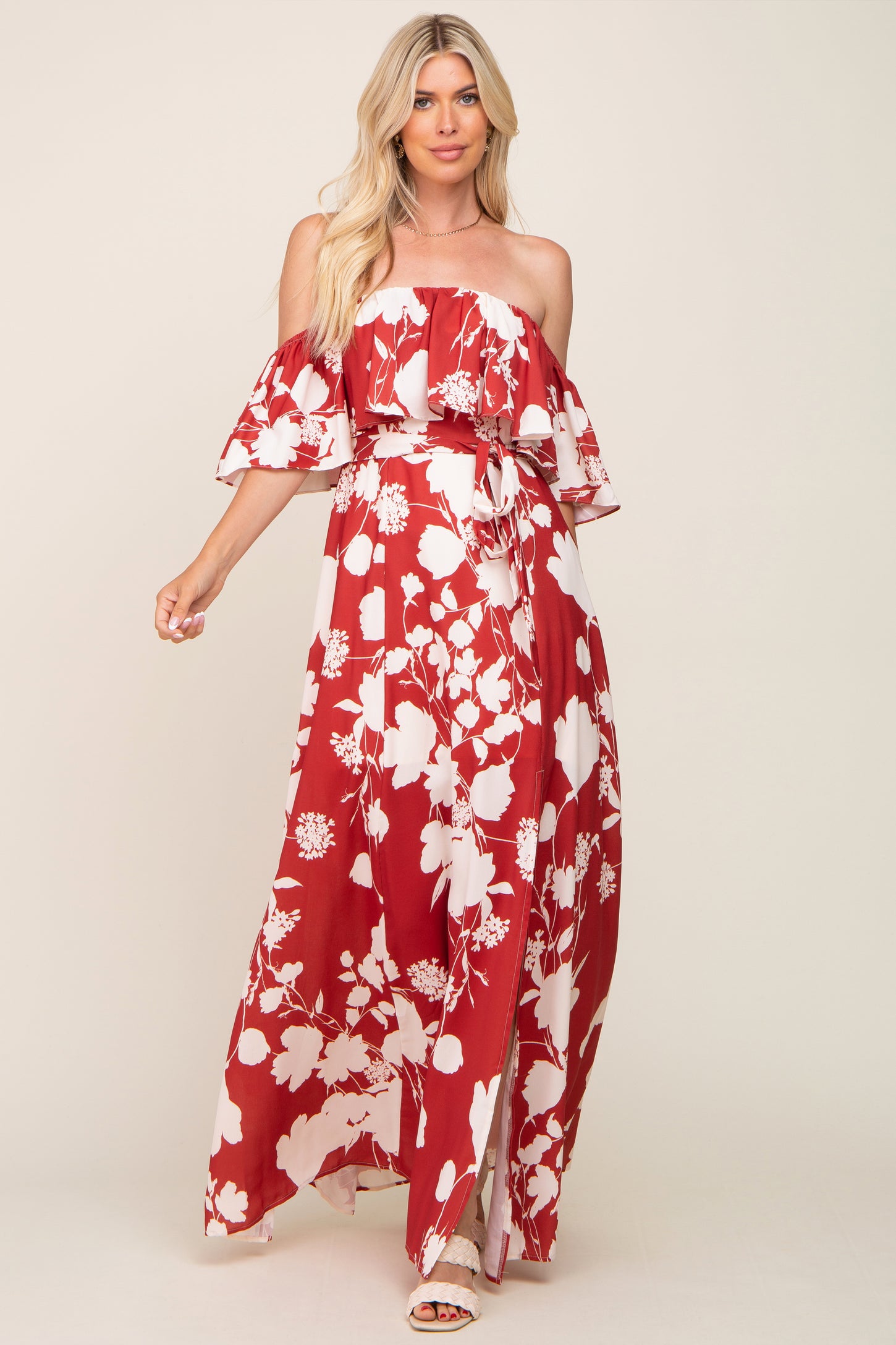 rust off the shoulder maxi dress Bella and Bloom Boutique
