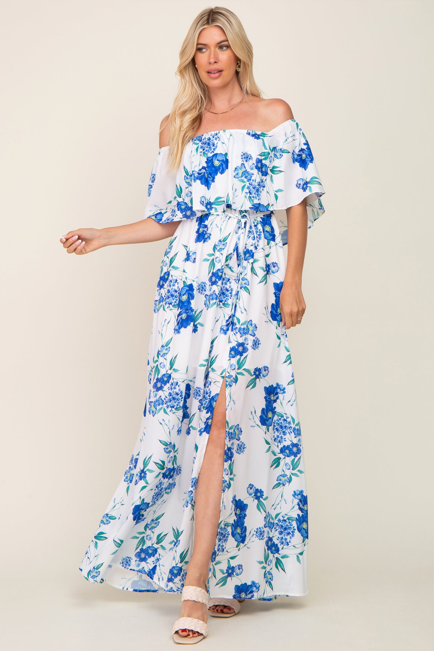 Blue Floral Overlay Off-Shoulder Side Slit Maternity Maxi Dress PinkBlush Blue Floral Overlay Off-Shoulder Side Slit Maternity Maxi Dress PinkBlush