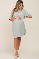 Light Olive Linen Front Button Collared Maternity Dress