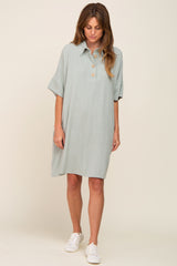 Light Olive Linen Front Button Collared Maternity Dress