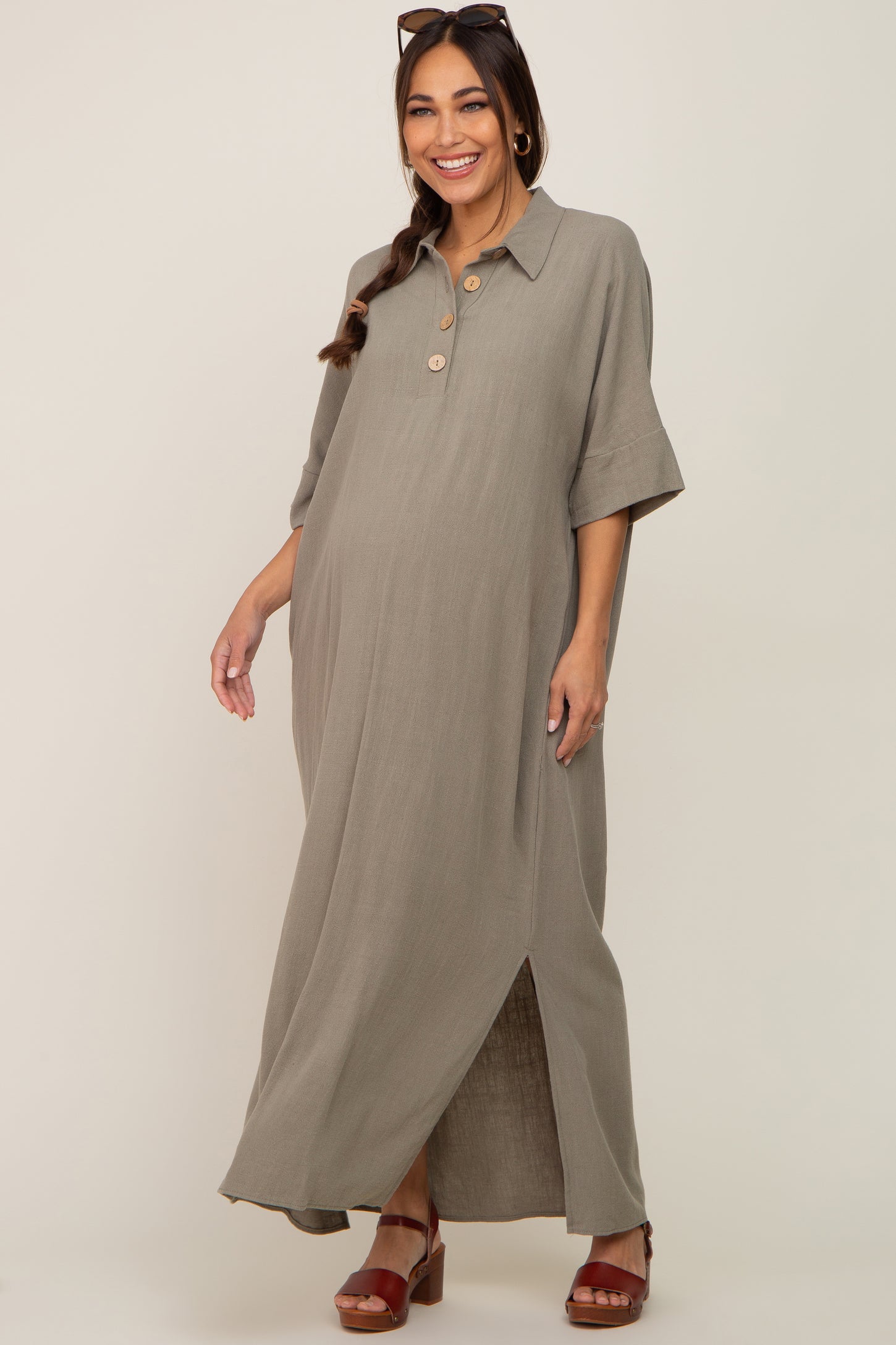 Olive Collared Linen Maternity Maxi Dress