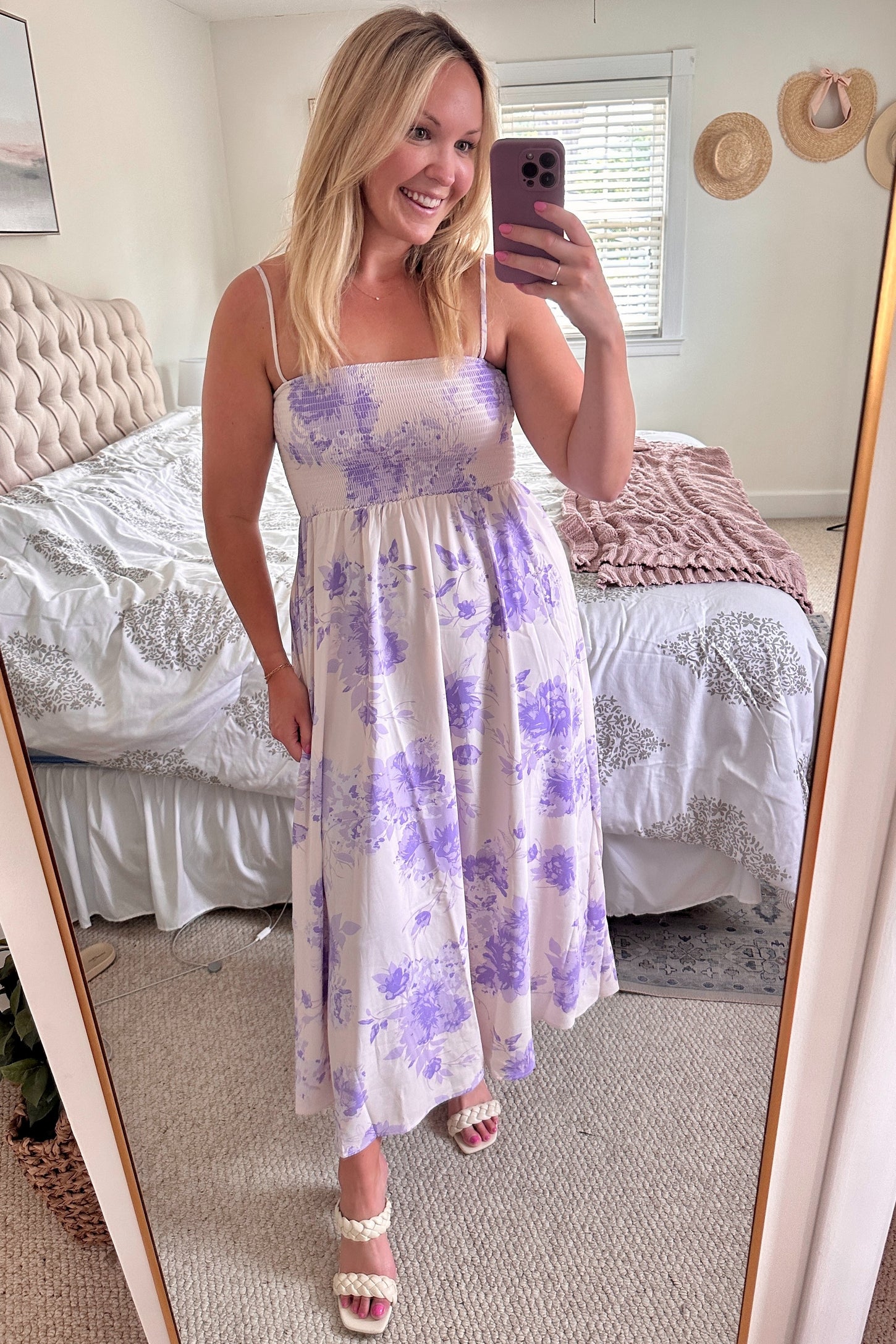 Lavender Floral Sleeveless Smocked Maxi Dress