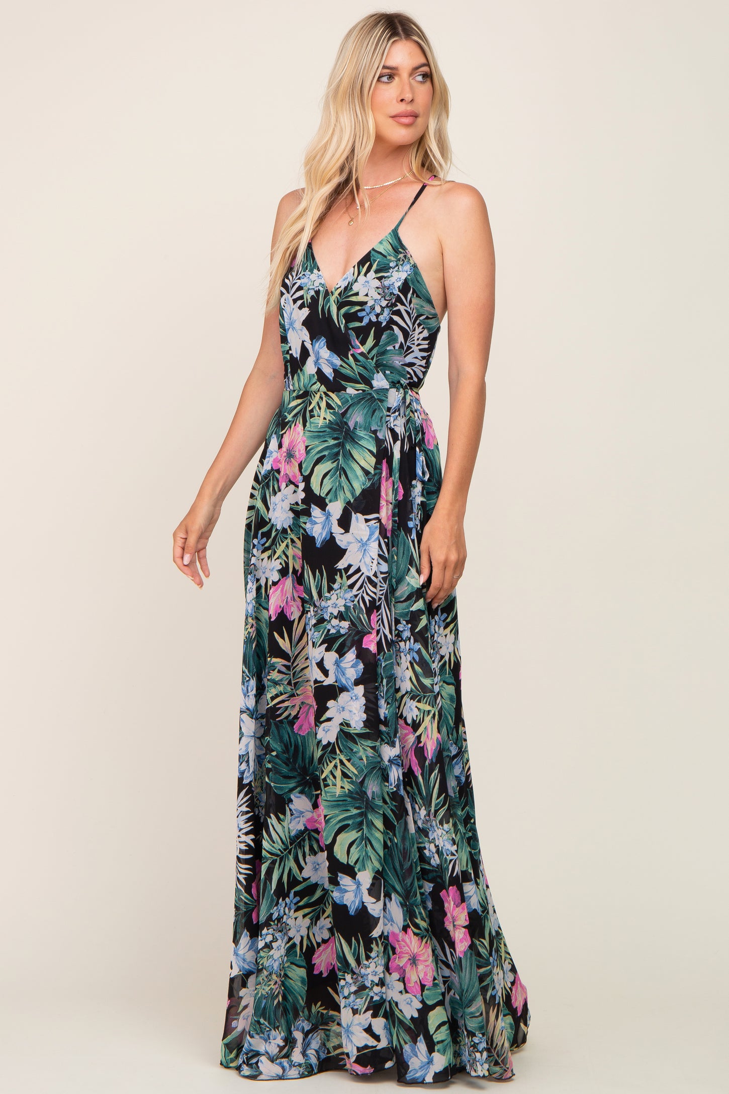Black Tropical Floral Chiffon Wrap Front Maternity Maxi Dress Black Tropical Floral Chiffon Wrap Front Maternity Maxi Dress
