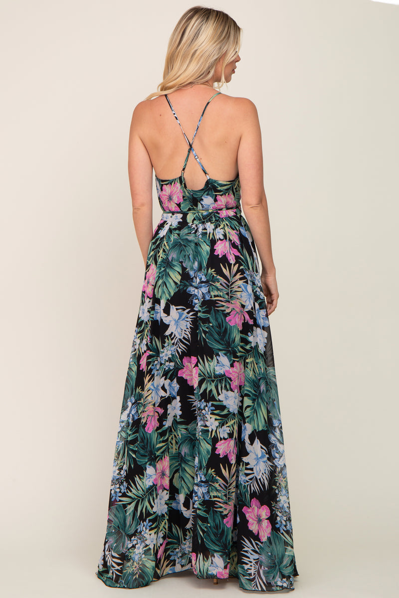 Black Tropical Floral Chiffon Wrap Front Maxi Dress – PinkBlush