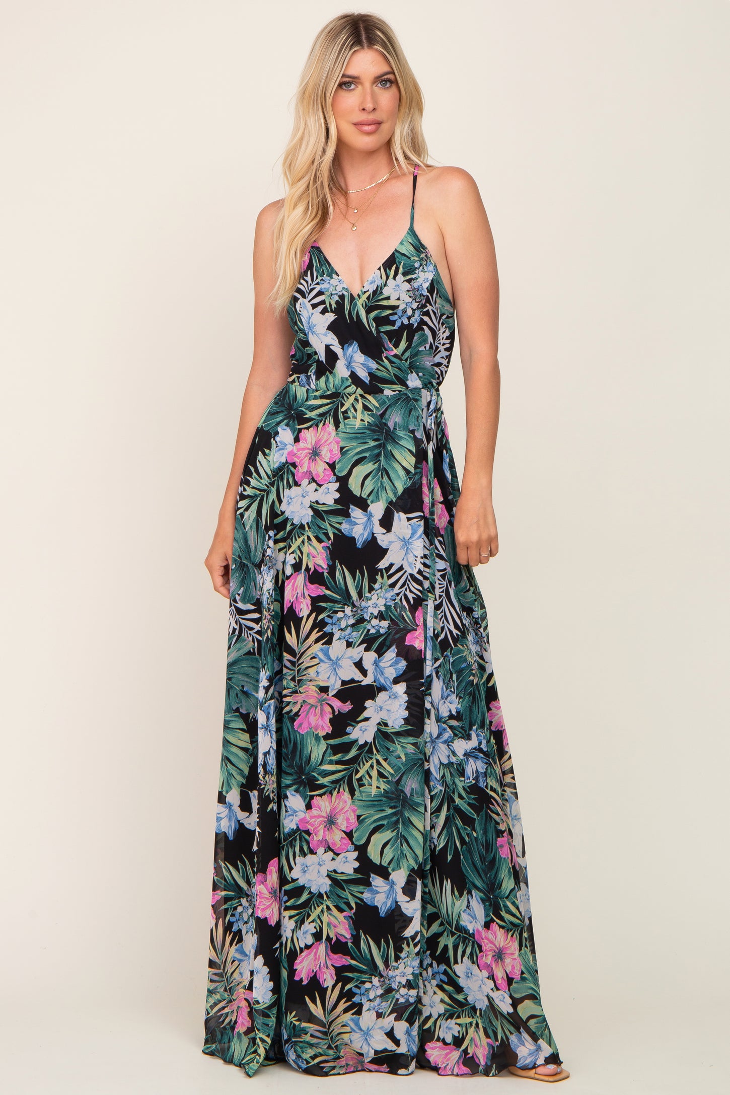 Black Tropical Floral Chiffon Wrap Front Maxi Dress Small Black Tropical Floral Chiffon Wrap Front Maxi Dress Small