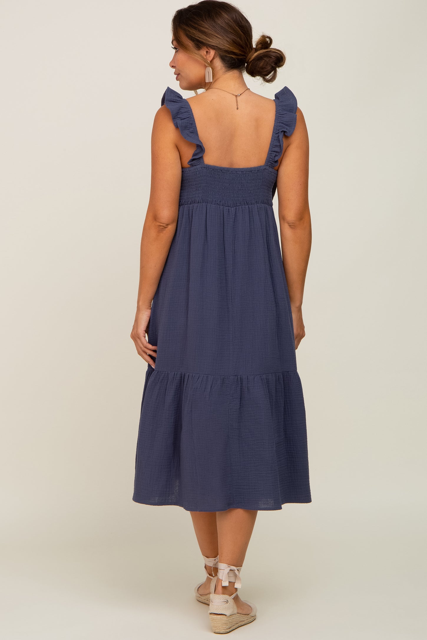 Navy Gauze Ruffle Maternity Midi Dress