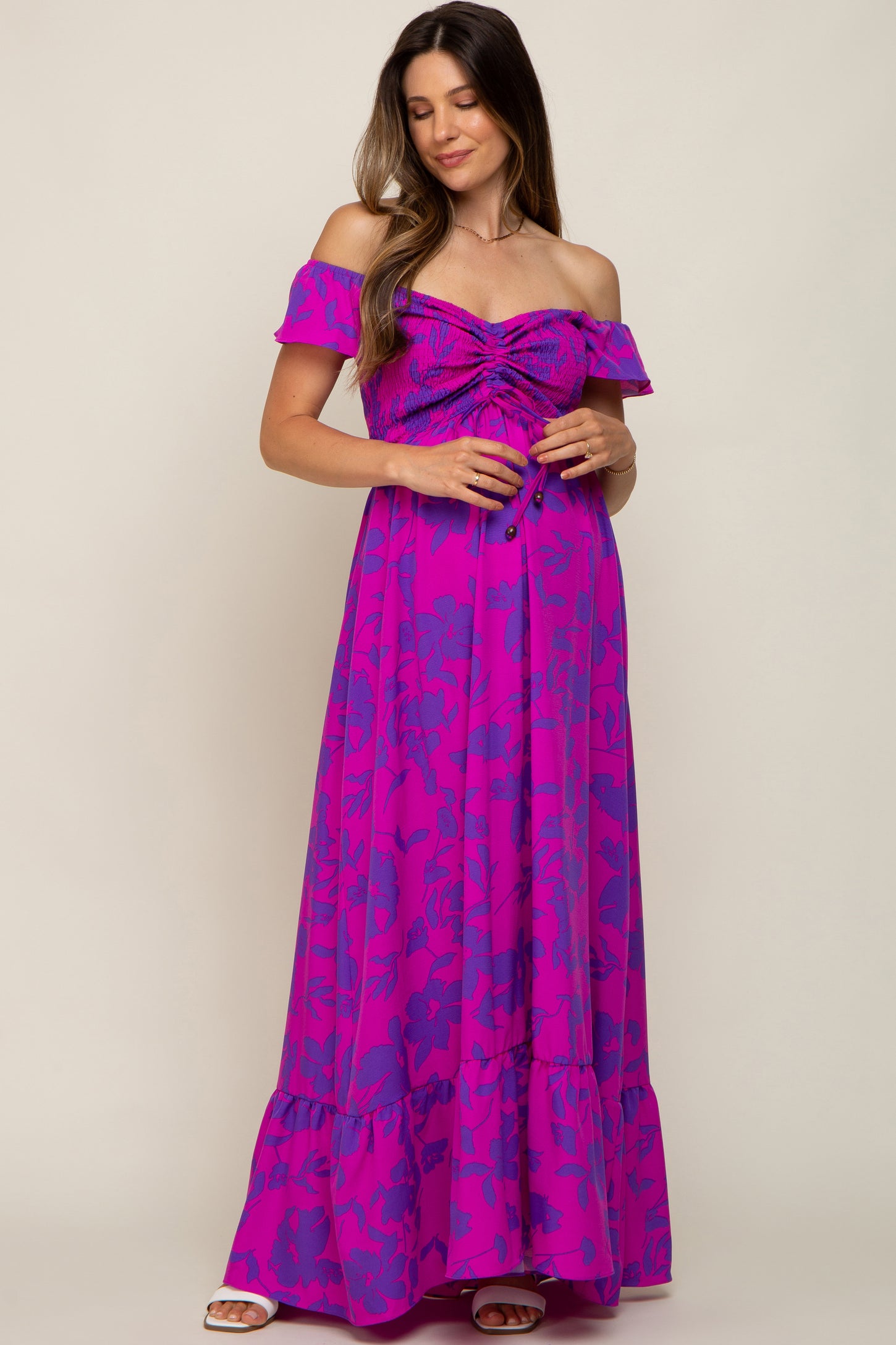 Magenta Floral Smocked Cinched Top Maternity Maxi Dress Medium Magenta Floral Smocked Cinched Top Maternity Maxi Dress Medium