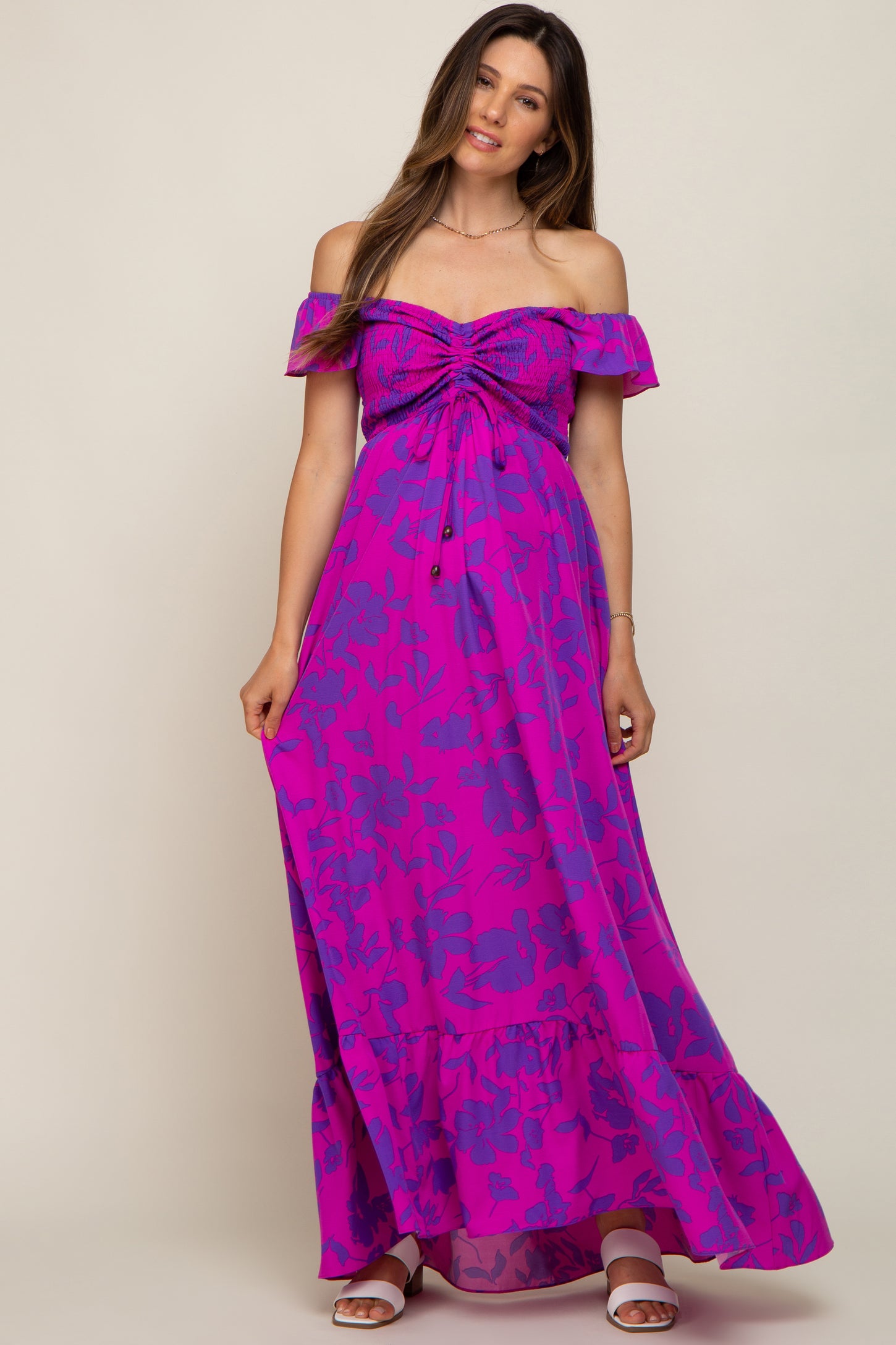 Magenta Floral Smocked Cinched Top Maternity Maxi Dress Medium Magenta Floral Smocked Cinched Top Maternity Maxi Dress Medium