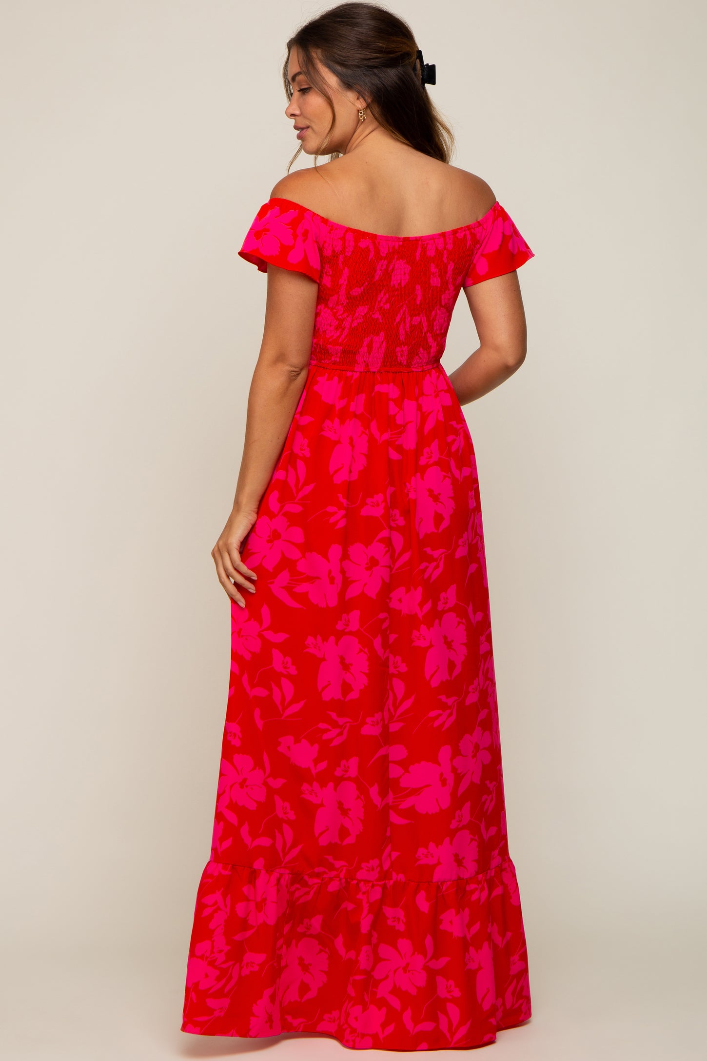 Red Floral Smocked Cinched Top Maternity Maxi Dress