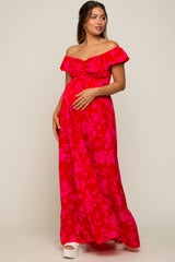 Red Floral Smocked Cinched Top Maternity Maxi Dress