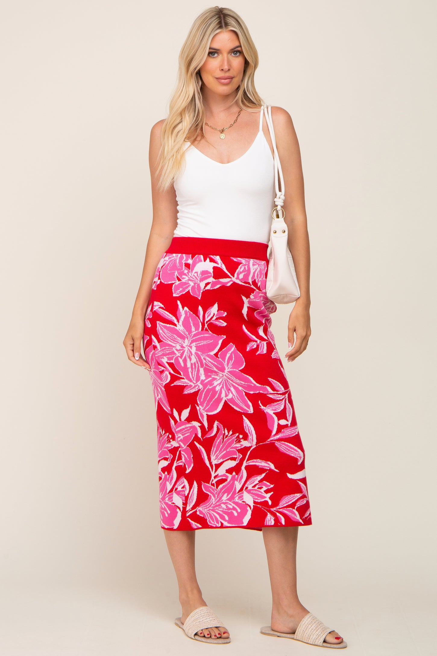 Red Floral Knit Midi Skirt – PinkBlush