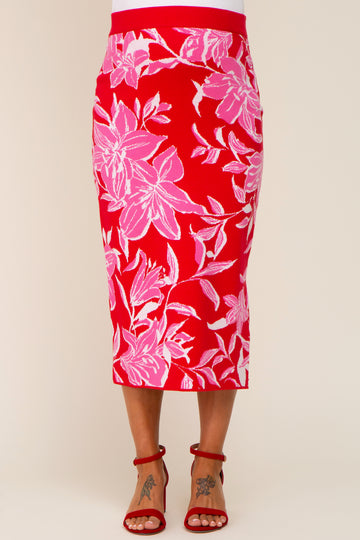 maternity wear red floral pencil skirt with a mid-length fit and pink floral patterns
