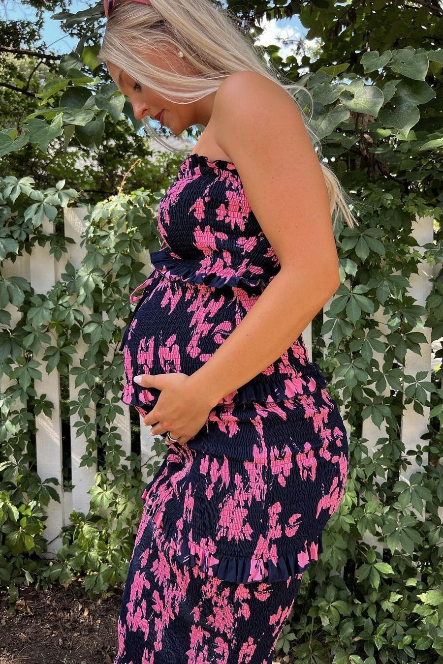 Navy Blue Floral Smocked Drawstring Front Cutout Ruffle Trim Maternity Midi Dress