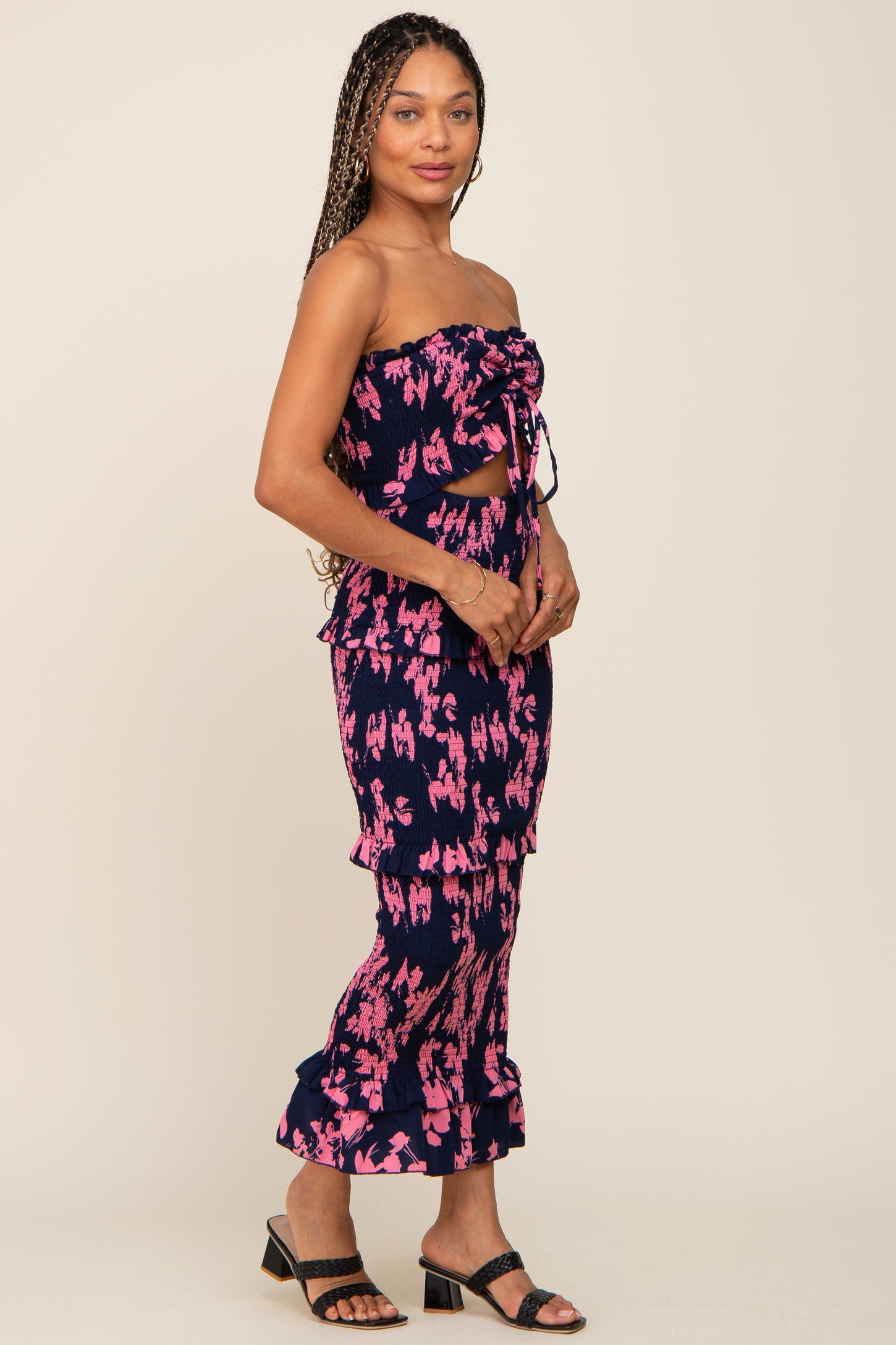Navy Blue Floral Smocked Drawstring Front Cutout Ruffle Trim Midi Dres PinkBlush Navy Blue Floral Smocked Drawstring Front Cutout Ruffle Trim Midi Dres PinkBlush