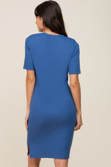 Blue Ribbed Basic Short Sleeve Dress