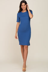 Blue Ribbed Basic Short Sleeve Maternity Dress