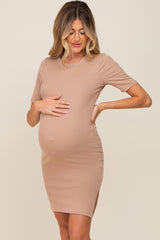 Taupe Ribbed Basic Short Sleeve Maternity Dress