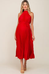 Red Pleated Maternity Halter Dress