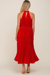 Red Pleated Maternity Halter Dress