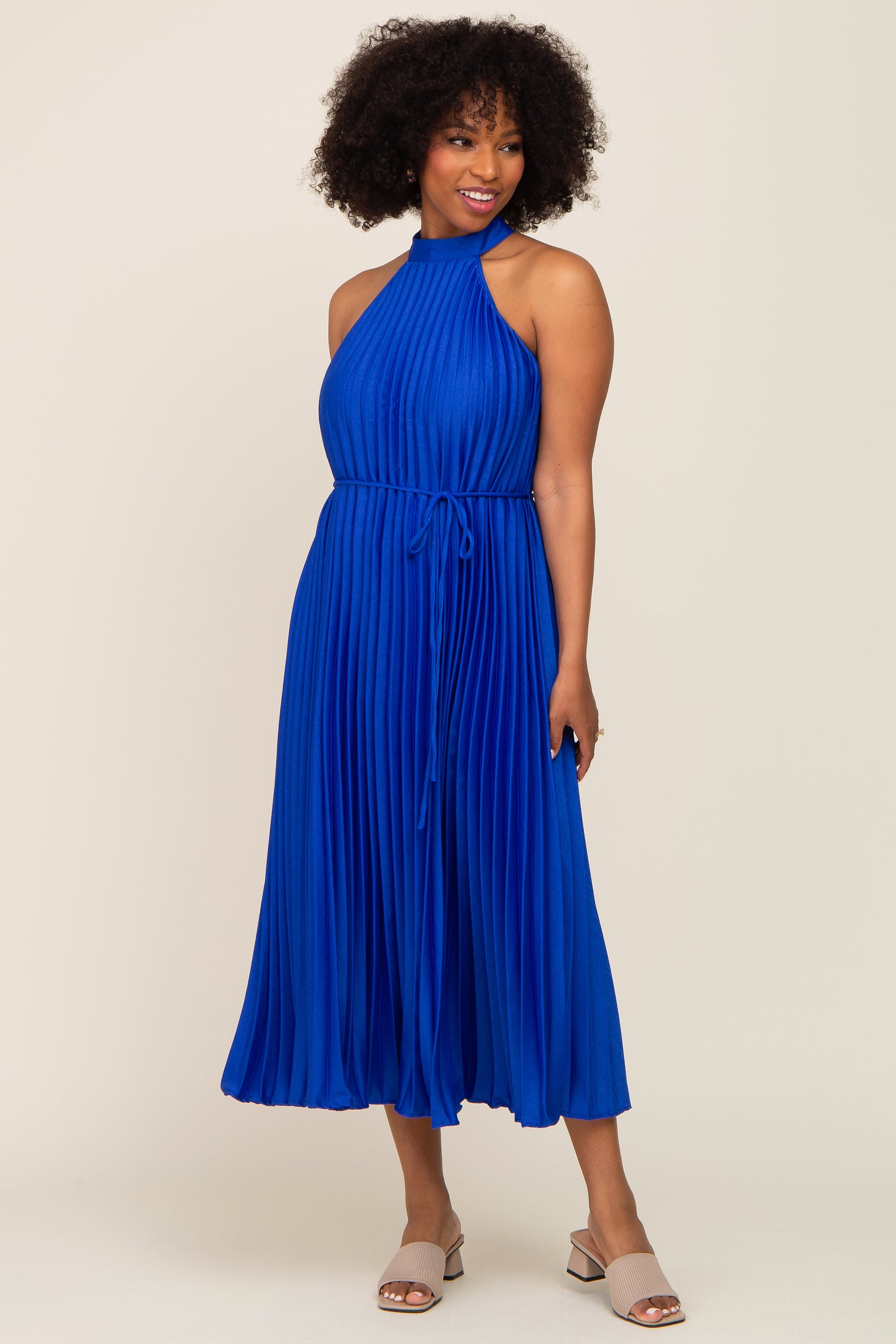 Royal Blue Pleated Maternity Halter Dress Royal Blue Pleated Maternity Halter Dress
