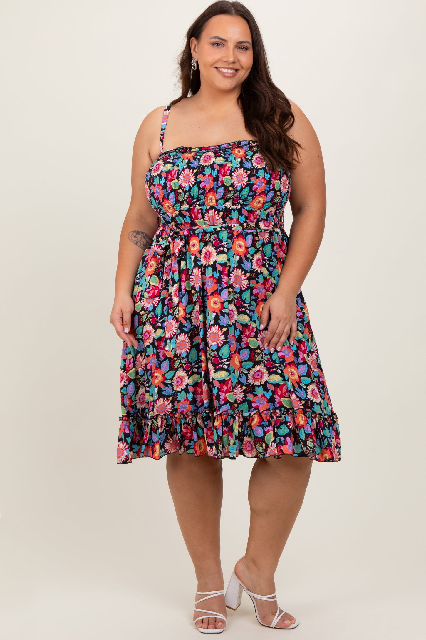 Black Floral Sleeveless Ruffled Plus Maternity Dress