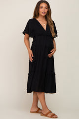 Black Ruffle Tiered V-Neck Maternity Midi Dress