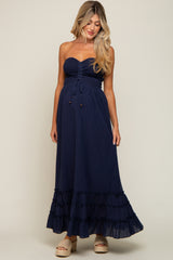 Navy Smocked Cutout Back Maternity Maxi Dress
