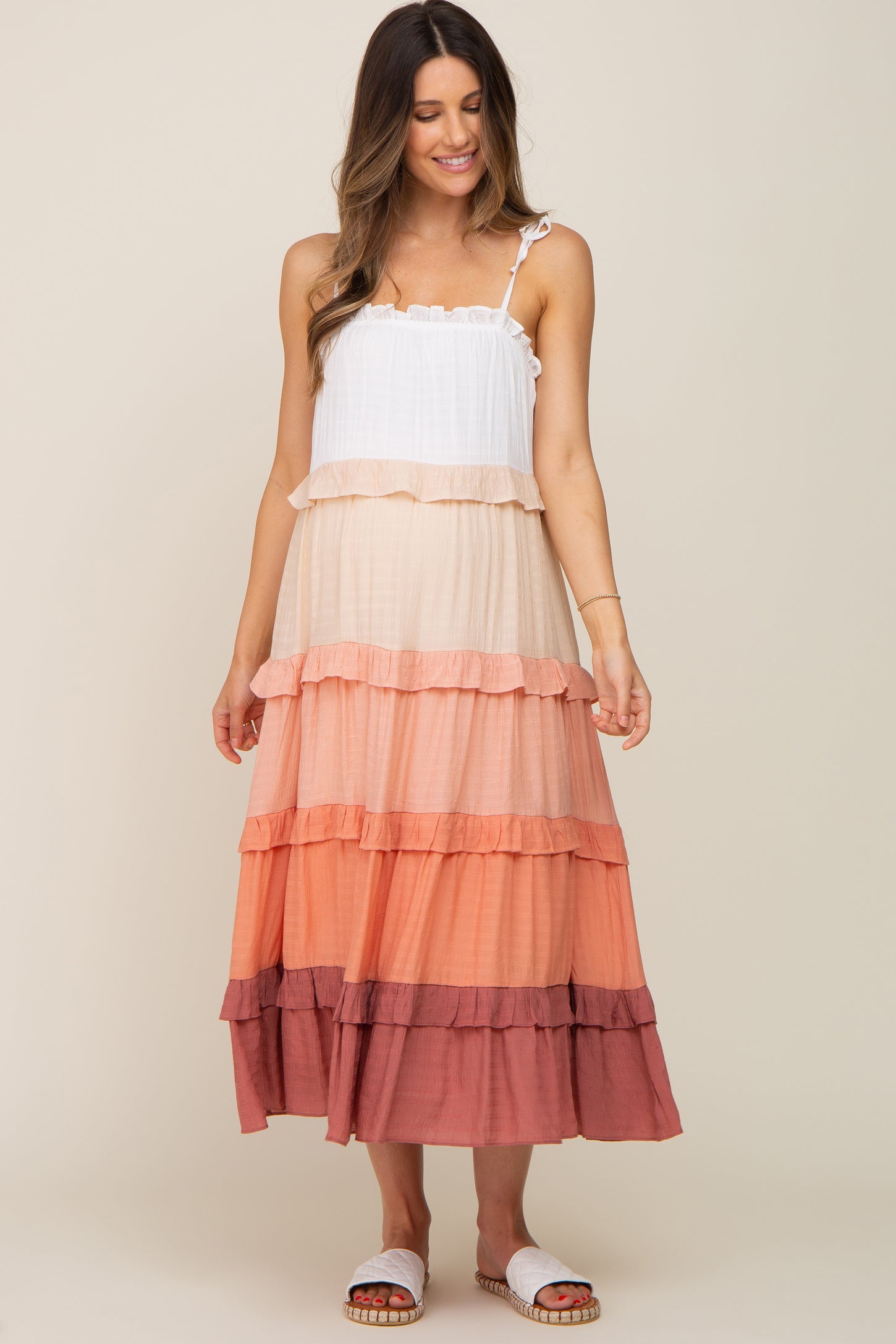 Peach Ombre Ruffle Tiered Shoulder Tie Maternity Midi Dress