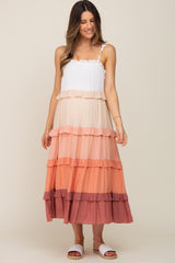 Peach Ombre Ruffle Tiered Shoulder Tie Maternity Midi Dress