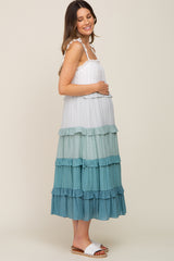 Blue Ombre Ruffle Tiered Shoulder Tie Maternity Midi Dress