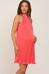 Coral Pleated Plisse Halter Maternity Dress