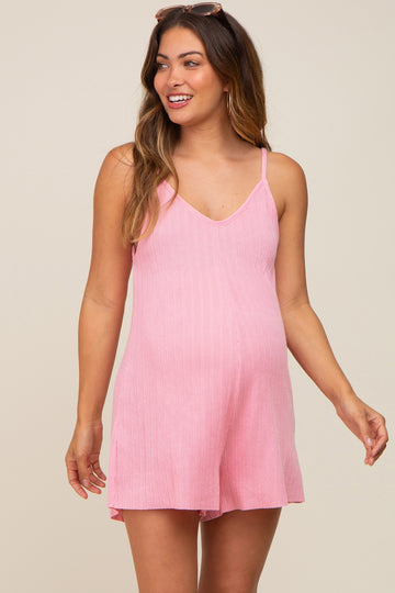 Pink Ribbed V-Neck Maternity Romper