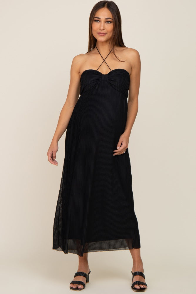 Black Pleated Cross Front Halter Maternity Midi Dress Black Pleated Cross Front Halter Maternity Midi Dress