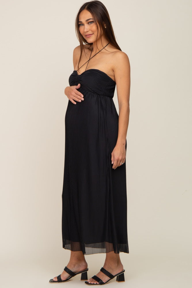 Black Pleated Cross Front Halter Maternity Midi Dress PinkBlush Black Pleated Cross Front Halter Maternity Midi Dress PinkBlush