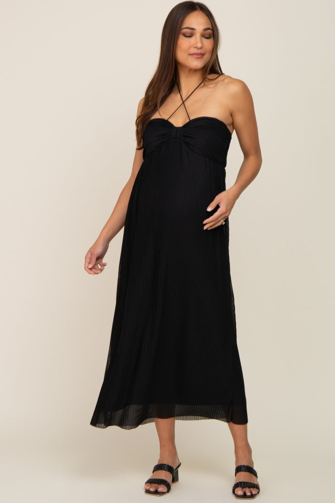 Black Pleated Cross Front Halter Maternity Midi Dress PinkBlush Black Pleated Cross Front Halter Maternity Midi Dress PinkBlush