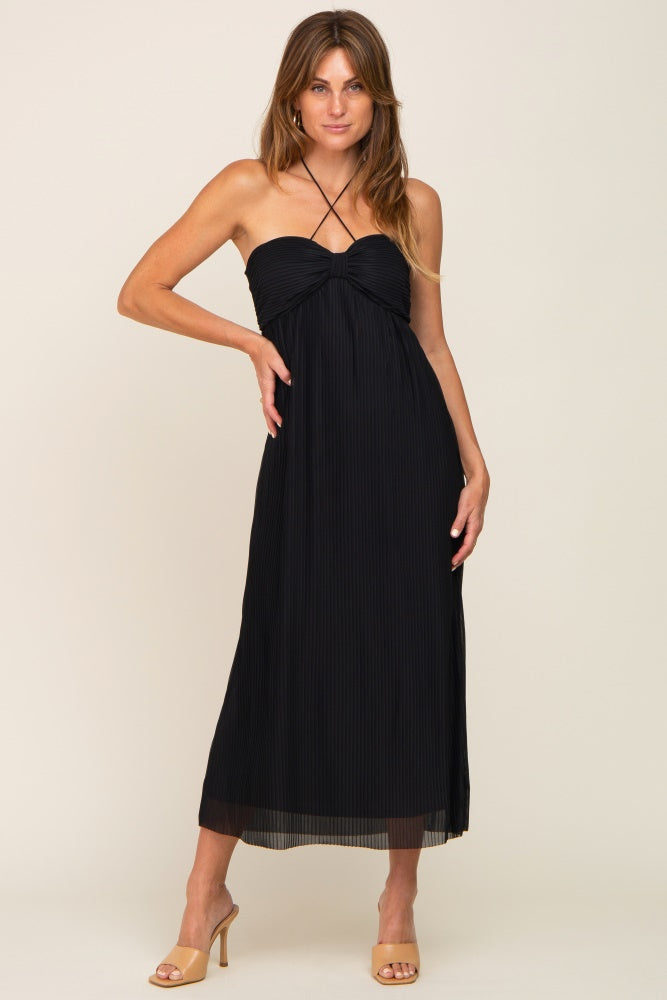Black Pleated Cross Front Halter Midi Dress Black Pleated Cross Front Halter Midi Dress