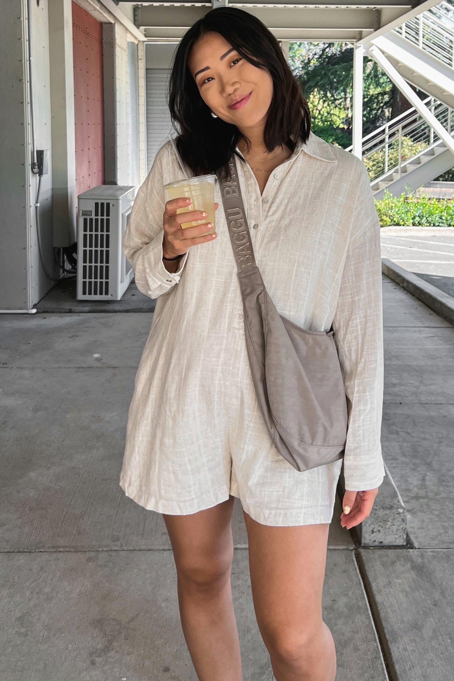 Beige Button Front Long Sleeve Linen Romper