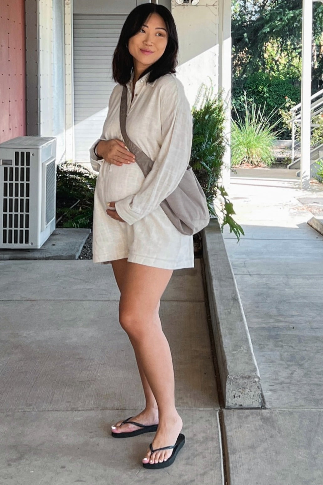 Beige Button Front Long Sleeve Linen Maternity Romper