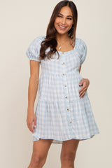 Light Blue Gingham Square Neck Button Front Maternity Dress