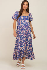 Blue Floral Puff Sleeve Maternity Midi Dress