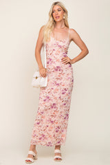 Pink Floral Mesh V-Neck Maxi Dress
