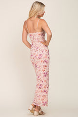 Pink Floral Mesh V-Neck Maxi Dress